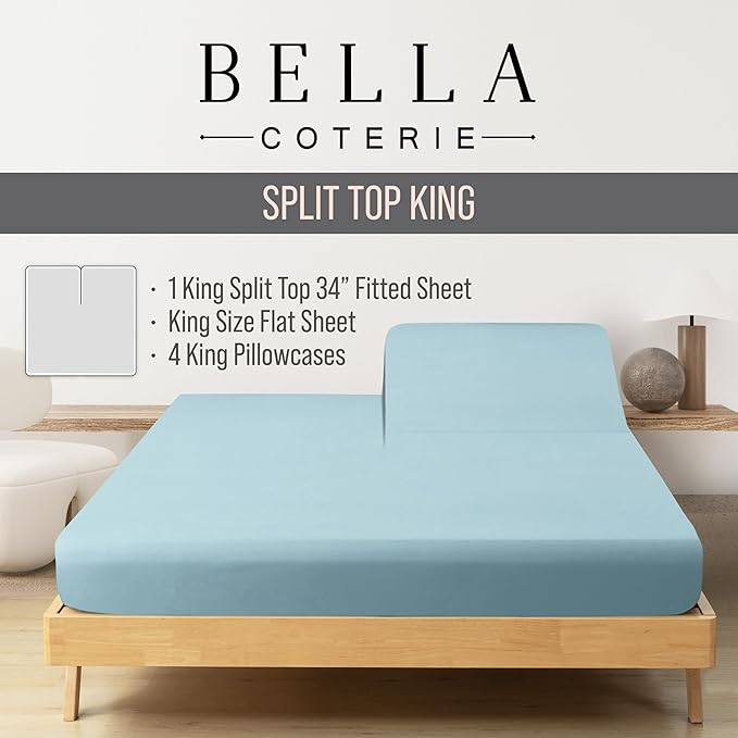 Bella Coterie 6 Piece Luxury Bamboo Viscose Split Top King Size Sheet Set | 34" Split for Adjustable Beds | 100% Organically Grown| Cooling | 18” Deep Pocket | 4 Pillowcases [Coastal Blue]