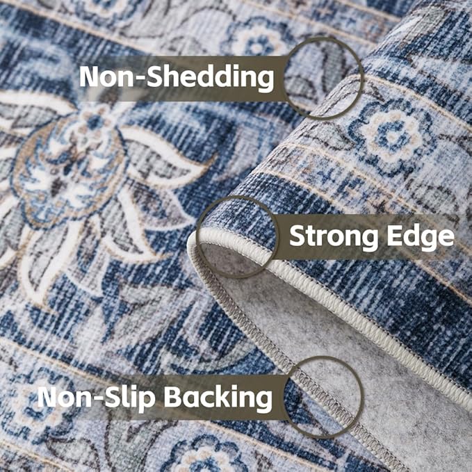 6x9 Area Rugs Grey and Blue Washable Rug for Living Room, Dining Room, Bedroom, Large Carpets, Non Slip & Non-Shedding Low Pile Vintage Print Rug for Home Office Decor