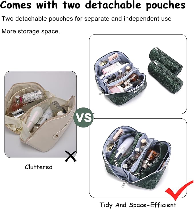 BOYATU Travel Makeup Bags Cosmetic Organizer Bag: 3 Pcs Set Large Capacity Floral Make up Bag with Compartments - Waterproof Leather Toiletry Bags with Handle for Women (18-Green)