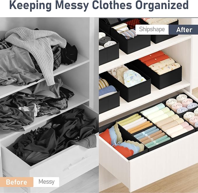 DIMJ Drawer Organizers Clothes, Set of 16 Dresser Organizer Bins, Fabric Closet Organizers and Storage, Shallow Drawer Dividers for Nursery, Clothing, Baby Clothes, Socks, Underwears, Tie (Black)