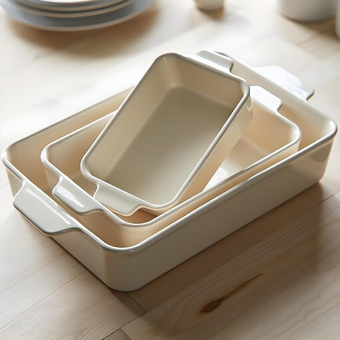 Kook Ceramic Bakeware Set, Rectangular Baking Dishes, For Casseroles, Lasagna, Cake, Small, Medium & Large Pans, Microwave & Dishwasher Safe, Set of 3, (Ivory)