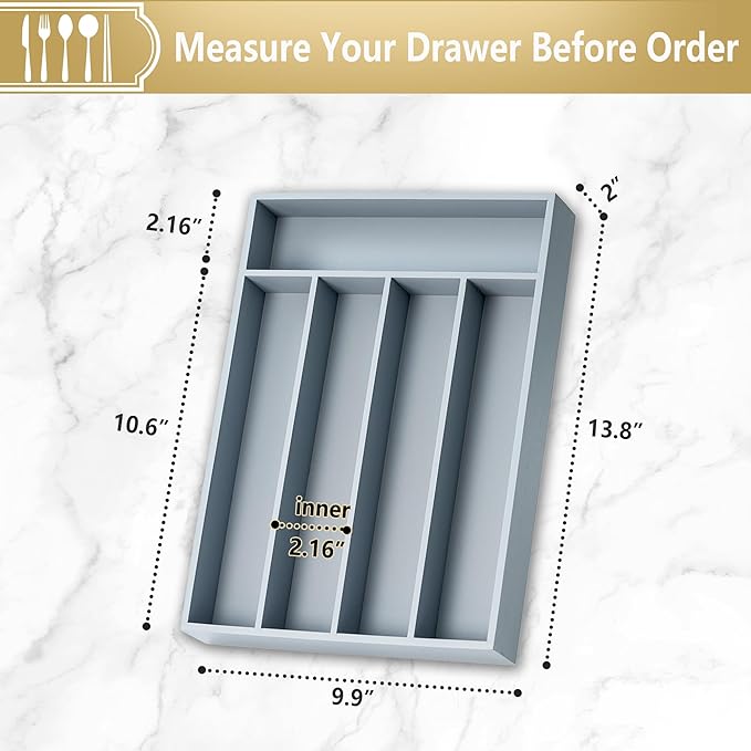 Silverware Organizer, 2 Pack 10 Inch Utensil Organizer Kitchen Drawer Organizer Bamboo Silverware Holder Cutlery Tray Organizer in Drawer Flatware Organizer Tray(5 slots, Gray）