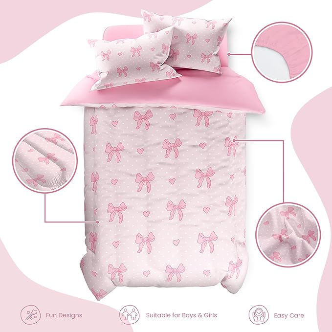 SANDJEST Bow Comforter Set Full Size 98x86in for Kids Girls, Microfiber 4 Pcs Bedding Set Includes 1 Comforter, 2 Pillowcases, 1 Fitted Sheet, Nursery Room Decor