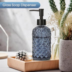 Topsky Gem Glass Soap Dispenser with Black Plastic Pump, 13oz Liquid Hand Soap Dispenser, Rustproof Pump for Kitchen & Bathroom, Great for Lotions, Essential Oil, Liquid Soaps-Grayish Blue