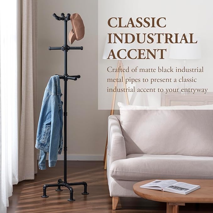 MyGift 64 Inch Industrial Black Metal Freestanding Coat Rack Stand with Realistic Pipe Design and 12 Hooks, Entryway Organizer for Hanging Coats, Hat, Handbags, Scarves