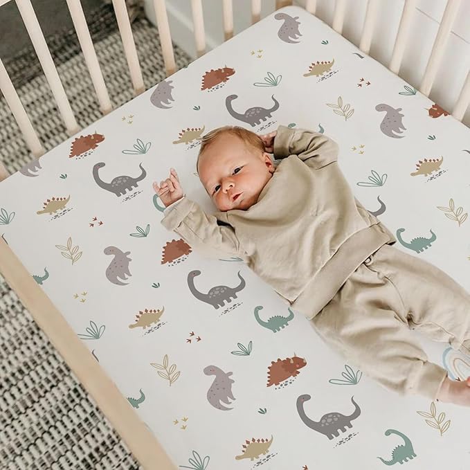 BROLEX Baby Fitted Crib Sheets: Kid Crib Sheets - Set of 2 for Toddler Standard Size Crib Mattress for Boys and Girls - Jersey Knit Crib Bed Sheets Cute Dinosaurs