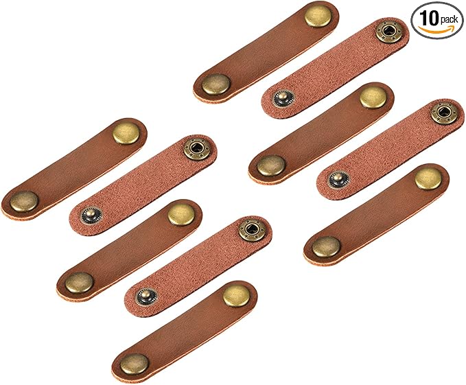 MECCANIXITY Pack of 10 Leather Cable Straps Cord Organizer 63x16mm Portable Cable Leather Clips Light Brown Earphone Cord Management for Cable, Wire
