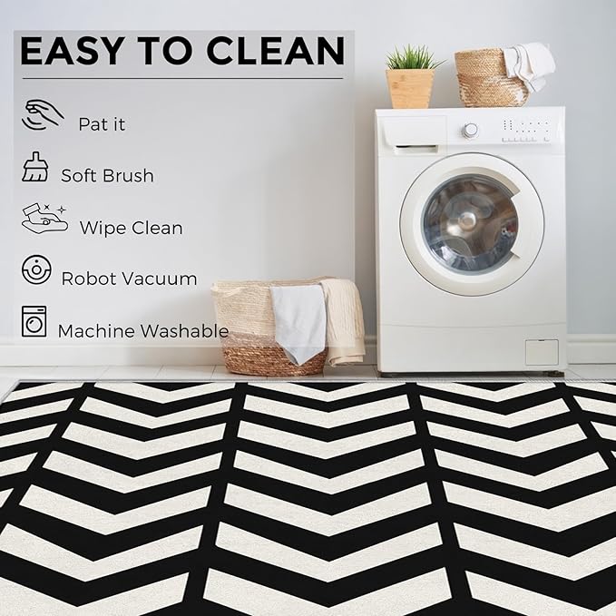 5x6 Black and White Chevron Rugs for Bedroom Decor, Washable Chevron Geometric Pattern Area Rug, Living Room Home Decoration, Non Slip Soft Thin, Modern Zigzag Decor Carpet PF-P 49