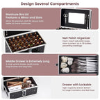 Frenessa Nail Polish Makeup Train Case with Drawer and Dividers Manicure Organizer Accessory Storage Makeup Box With Mirror Lockable Keys Nail Kit Organizer Cosmetic Case Jewelry Box - Black