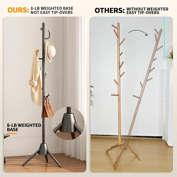 Heavy Duty Anti-Tip Coat Rack with 8LB Stable Weighted Base, [80LB Load Tested] Metal Standing Tree with 8 Hooks, 3-Height Adjustable Space Saving Clothes Organizer for Entryway, Bedroom, Office