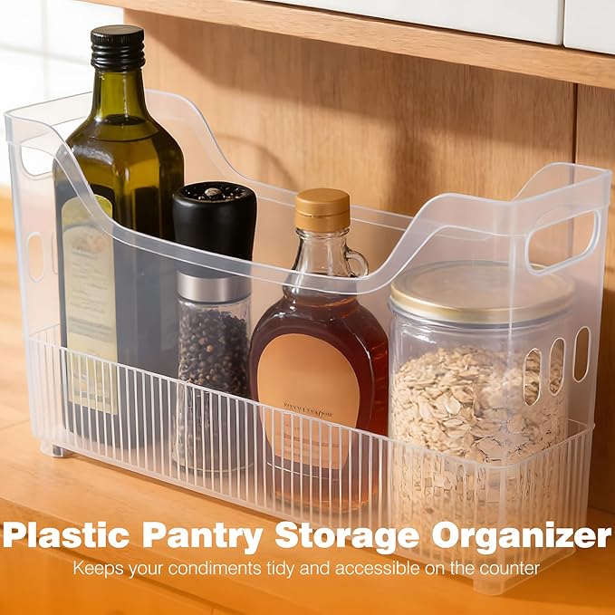 OMISTAR 3 Pcs Clear Plastic Pantry Storage Organizer Bins, 13.4 x 9.8 x 3.5 in Rolling Storage Baskets with Wheels and Handles, Stackable Freezer Organizer Bins for Kitchen, Office