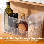 OMISTAR 3 Pcs Clear Plastic Pantry Storage Organizer Bins, 13.4 x 9.8 x 3.5 in Rolling Storage Baskets with Wheels and Handles, Stackable Freezer Organizer Bins for Kitchen, Office