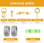KURUI 303Pcs Picture Hanging Kit, Picture Hangers Assorted Kit with Heavy Duty Picture Hanging Hooks/Hardware Nails/Sawtooth/Wire/D Rings/Level, Metal Picture Wall Hooks for Frame Canvas Mounting