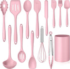LIANYU 14 Pcs Kitchen Utensils Set, Silicone Cooking Utensils Spatula Set with Holder, Heat Resistant Cookware Tools Includes Spoon Turner Whisk Tong, Dishwasher Safe, Pink