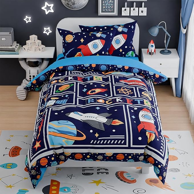 SANDJEST Space Bedding Twin for Boys, Ultra Soft Microfiber Comforter Bed Set with 3-Pieces, Rocket Comforters Sets for Kids Children Teen Tween Bedroom Decor