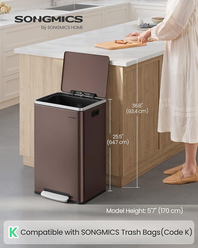 SONGMICS Trash Can, 13-Gallon Gabbage Can, with 15 Trash Bags, Stainless Steel, with Soft-Close Lid, Removable Inner Bucket, Handles, Red Brown ULTB595MZ01