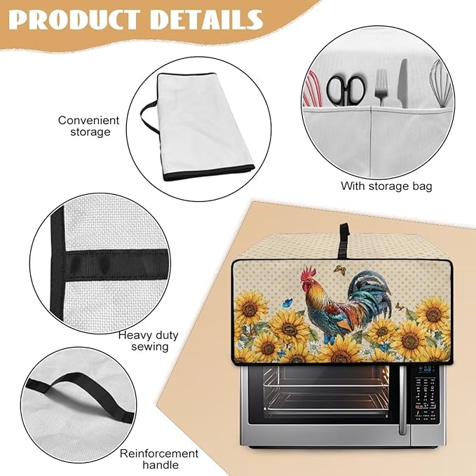 Microwave Oven Dust Cover Waterproof Dustproof Microwave Toaster Oven Cover Fabric Kitchen Machine Covers for Toaster Oven Air Fryer, Rooster Chicken Sunflower Butterfly Polka Dot Print, L