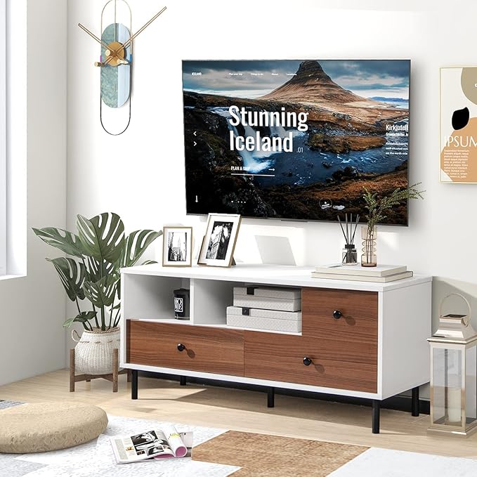 Tangkula Farmhouse TV Stand for 50-inch TVs, Modern Flat Screen Console Table with 2 Cubbies & 3 Large Drawers, Entertainment Center Storage Cabinet for Living Room (White & Walnut)