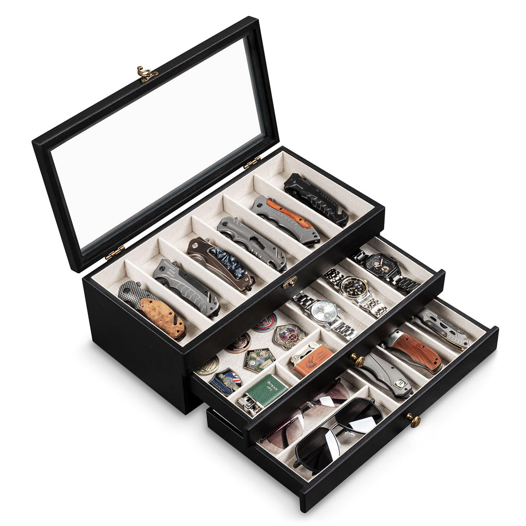 Yoimori 2-Layer Pocket Knife Case Display & Storage, Solid Wood Knife Case for Collections, Gift for Boyfriend, Fathers Day, Birthday Gifts (Black)