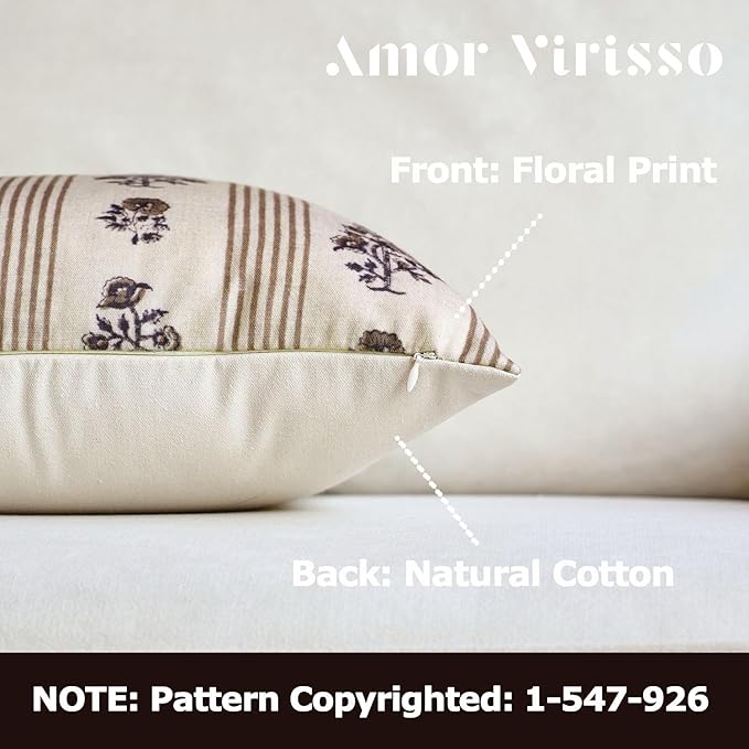 Amor Virisso Floral Throw Pillow Covers 18x18 Set of 2 Block Print Pillow Covers Neutral Floral Striped Farmhouse Decorative Pillow Covers for Sofa Couch Bed, Brown