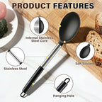 3 Pcs Silicone Cooking Spoon Set, Kitchen Utensils Include Solid & Slotted Spoon, Soup Ladle, Food-Grade Heat Resistant, Non-Scratch Spoons for Serving, Stirring, Draining, Dishwasher Safe, Black