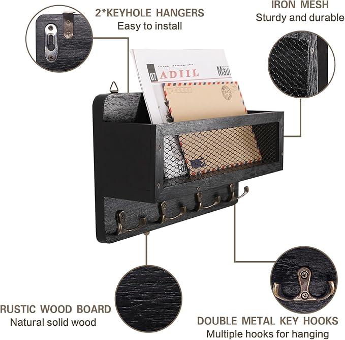ADIIL Mail and Key Holder for Wall Decorative, Wooden Wall Mount Key Rack Hanger Organizer with 4 Double Key Hooks, Rustic Home Decor for Entryway Hallway, Black
