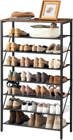 MAHANCRIS 8 Tier Shoe Rack Organizer for Closet, Holds 28-32 Pairs, Tall Metal Shoe Storage Shelf for Entryway Bedroom, Sturdy Freestanding Shoe Rack Space Saving, Large Capacity, Rustic Brown
