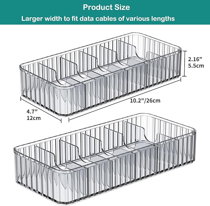 Cable Storage Boxes Organizers 2 Pack,Cord Charger Storage Organizer Box Case with 20pcs Cable Ties,Stackable,Clear