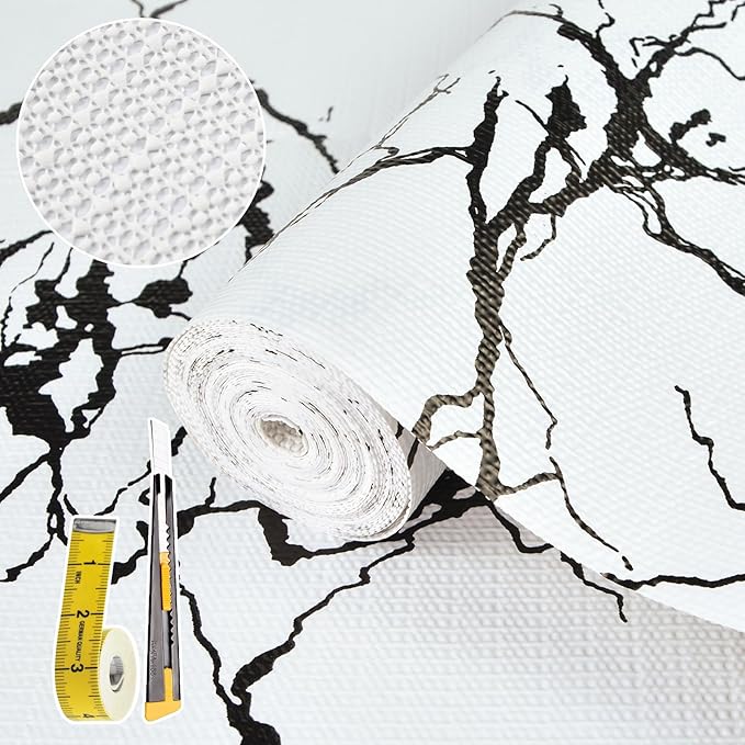 2-Layer Drawer and Shelf Liner for Kitchen Cabinet: 17.3in X 20Ft Non Slip Waterproof Shelf Paper Non Adhesive Refrigerator Liners White/Black Marble Easy Liners for Bathroom with Knife Tape Measure