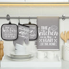Sratte 6 Pcs Kitchen Decor Accessories Set Farmhouse Towels Pot Holders Oven Mitts Set 2 Dish Towels 2 Potholders 2 Cooking Mittens Oven Glove for Christmas Baking Cooking Supply(Gray,Kitchen)