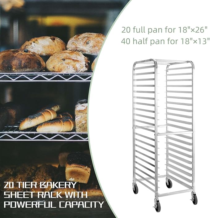 HALLY SINKS & TABLES H Bun Pan Rack 20 Tier with Wheels, Commercial Bakery Racking of Aluminum for Full & Half Sheet - Kitchen, Restaurant, Cafeteria, Pizzeria, Hotel and Home, 26" L x 20" W x 69" H