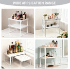 Cabinet Organizer Shelf, Set of 2 Expandable Kitchen Countertop Shelves with Spice Rack - Stackable Storage in Metal and Wood15.7 inches (White)