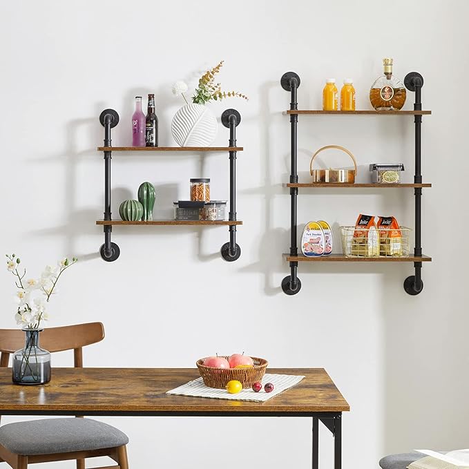 YMYNY Industrial Pipe Shelf Bracket, 2 Tiers Retro Wall Mounted Floating Shelf, Wood DIY Bookshelf, Storage Shelves for Living Room, Bedroom, 24" Farmhouse Bathroom Shelving, HD-UHRF-TM004
