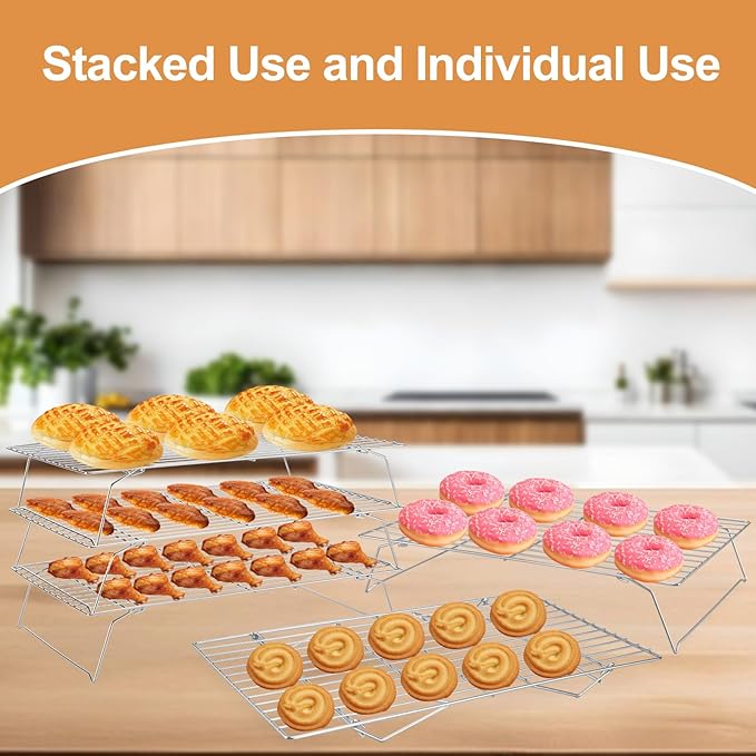 Cooling Rack for Baking 3 Tiers, 16" x 10" Cookie Cooling Wire Rack Stackable Collapsible Nonstick, Stainless Steel Baking Cooking Cooling Racks with Optimum Air Flow, Silver
