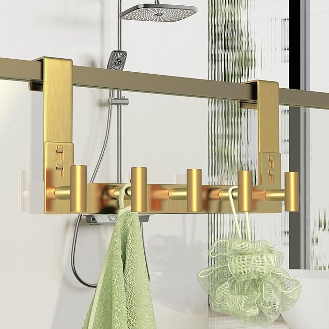 PMMASTO Over The Door Hooks, Fits 1-3/4" Thick Door No Drill Hooks for Closet Bathroom Bedroom Organization, Hanger for Coat Towel Robe (Gold, 5 T-Hooks)