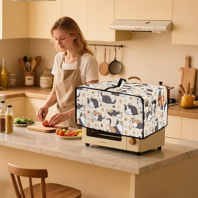 Cute Cats Paw Floral Print Microwave Oven Cover Waterproof Dust-Proof Microwave Oven Cloth Cover Polyester-Linen Fabric Small Appliance Dust Cover Case Protections Protector, S
