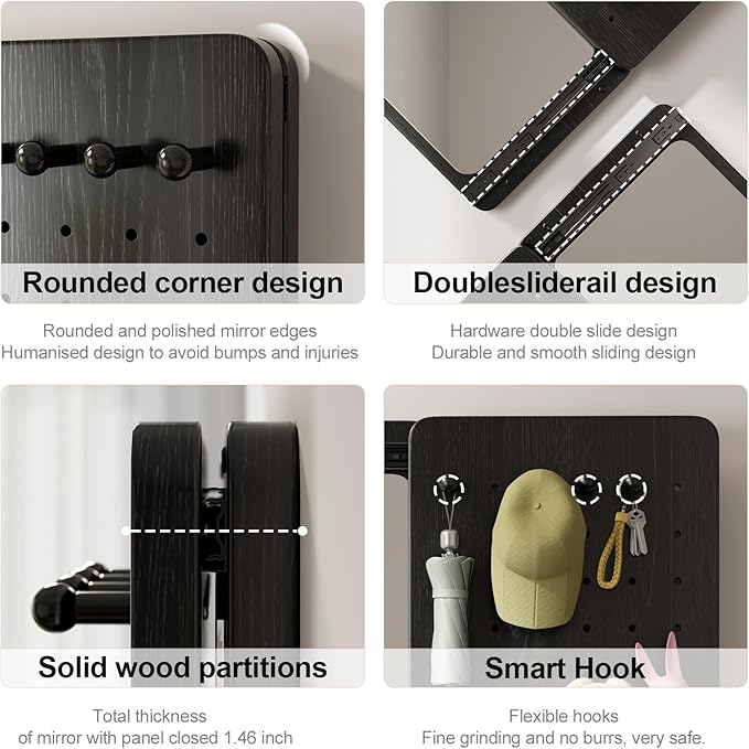 KungFuWood Full Length Mirror with Shelf and Hooks,Entry Way Mirrors for Wall,Wall Mirror with Shelf,Wall Mirror with Storage Multifunctional Design Panel,Living Room