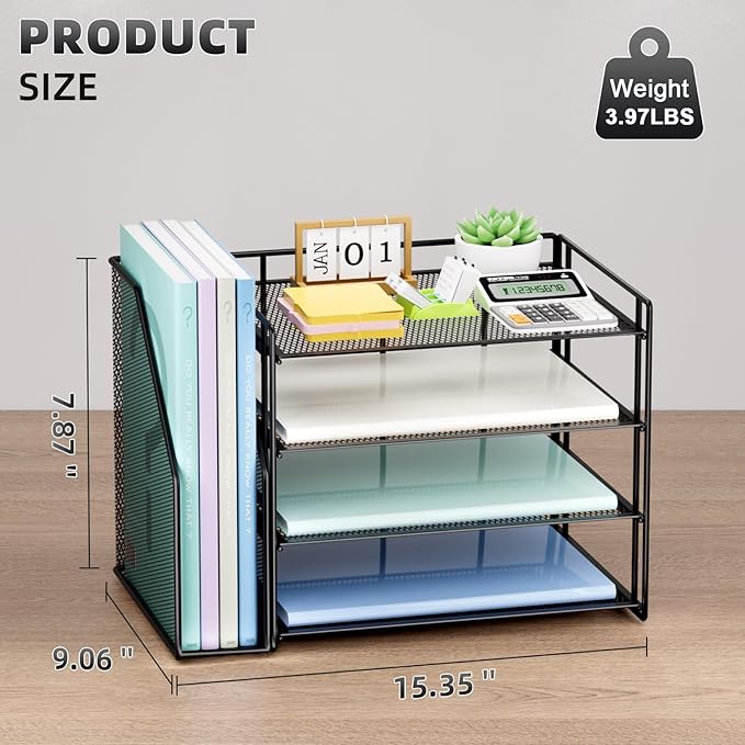 Marbrasse Desk Organizer and Accessories，4-Tier Paper Letter Tray Organizer with File Holder，Desk Accessories & Workspace Desktop Organizers for School Home Office Supplies (Black)