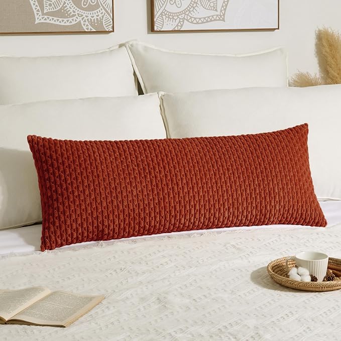Kevin Textile Fall 14x36 Inch Long Lumbar 1 Pack Boho Decorative Throw Pillow Cover Soft Striped Corduroy Rectangle Cushion Case Farmhouse Solid Accent for Living Room Couch Sofa Bed, Burnt Brick