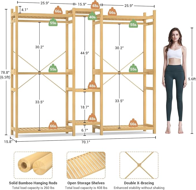 Homykic Bamboo Closet System Clothes Rack, Large Freestanding Garment Rack Clothing Rack for Hanging Clothes with 7 Storage Shelves and 5 Rods, Open Wardrobe Organizer with 4 Hooks, Natural