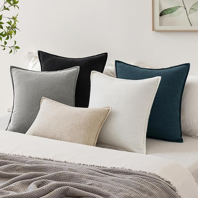 EMEMA Decorative Linen Throw Pillow Covers 26x26 Inch Cream Boho Farmhouse Neutral Couch Throw Pillows for Bed Pack of 2 Accent Pillowcase Modern Sofa Cushion Livingroom Home