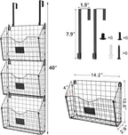 X-cosrack 3-Tier Hanging Wall Files Rack with Door Hooks and 6pcs S Shape Hooks, Over the Door File Organizer &Mounts on Wall Metal Folder, with Tag Slot Great for Office Home and Work- Black