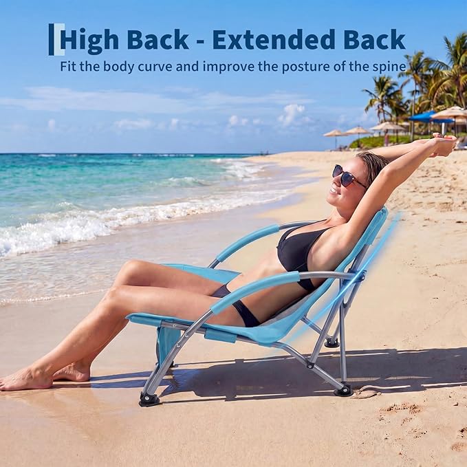 Garvee Low Beach Chair, Folding Portable Beach Chairs for Adults, Lightweight Extra Wide Seat Chair with Cup Holder, Storage Pocket & Carry Bag for Camping, Beach, Travel