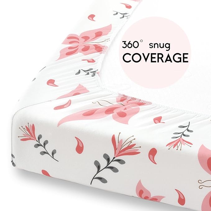 Yoofoss Pack and Play Sheets Fitted, Mini Crib Sheets 2-Pack for Pack N Play Mattress, Stretchy Playard Sheet, Soft and Breathable (Pink + Butterflies)