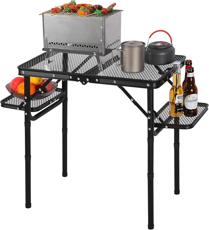 REDCAMP 35x16 Folding Grill Table for Outside with 2 Side Tables, 4 Adjustable Heights Portable Small Stand Table for Outdoor Indoor Camping Picnic BBQ