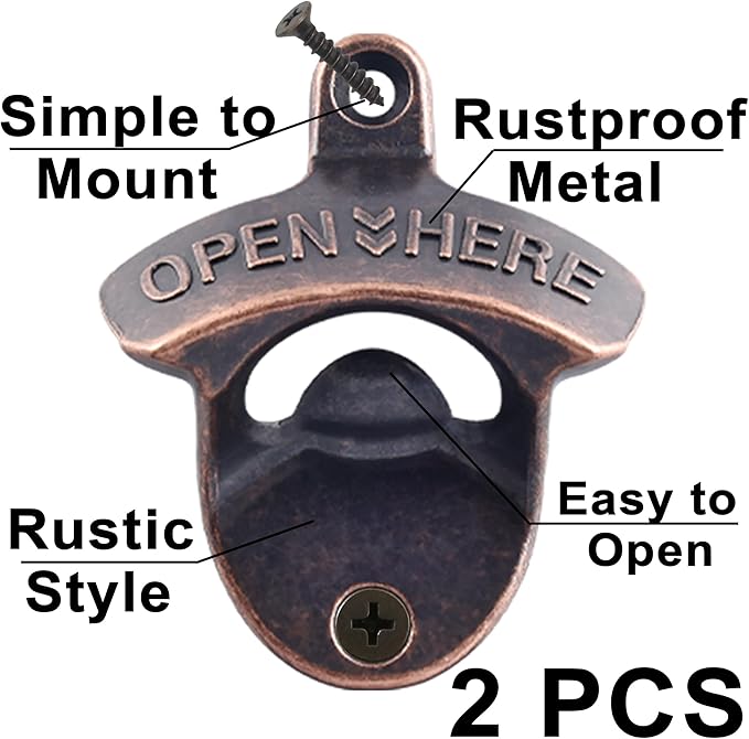 Vintage Copper Bottle Cap Opener Wall Mount, Retro Beer Bottle Opener with Screws for Homes Kitchen (Pack of 2)