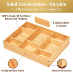 Umilife Bamboo Desk Drawer Organizer, Wood Junk Organizer Tray with Adjustable Dividers, Anti-Skip Storage Organization in Office Bathroom Drawer for Vanity, Makeup, 12" x 9"