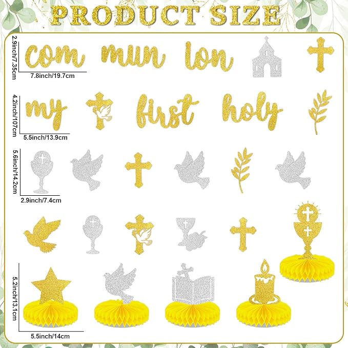 14PCS First Holy Communion Party Decorations My First Holy Communion Banners Hanging Swirls Glitter God Bless Cross Honeycomb Centerpieces For Christening Baptism Baby Shower Birthday Party Supplies