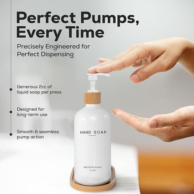 White Glass Hand and Dish Soap Dispenser Set by Brighter Barns - Kitchen Soap Dispenser Set with Tray - Glass Bottles for Kitchen Sink - Housewarming Gift, Countertop Decor, Boho Home Decor (White)