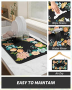 AMOAMI Coffee Mat Hide Stain Rubber Backed Absorbent Dish Drying Mat for Kitchen Counter - Bar Accessories Fit Under Coffee Maker, Espresso Machine, Dish Rack - Floral Black 16x24